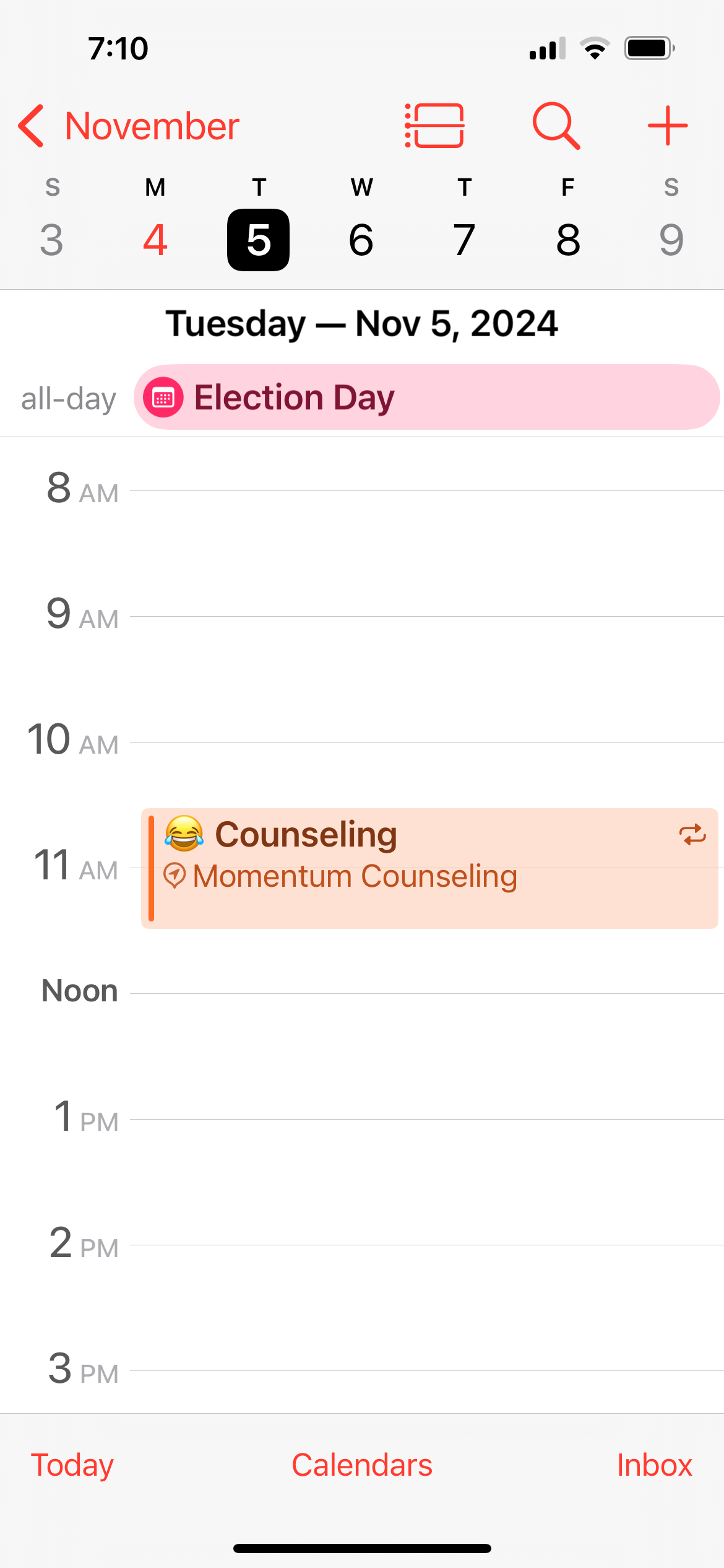 iPhone calendar app on November 5 showing one event for Counseling at 11am.