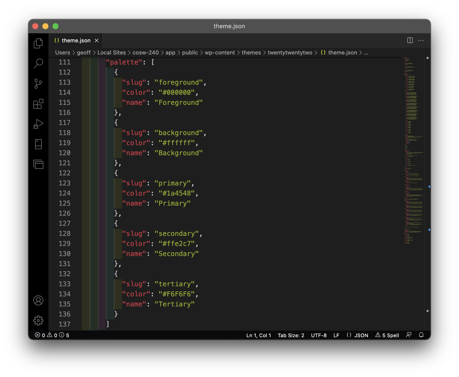 Screenshot of the theme.json file open in a code editor.
