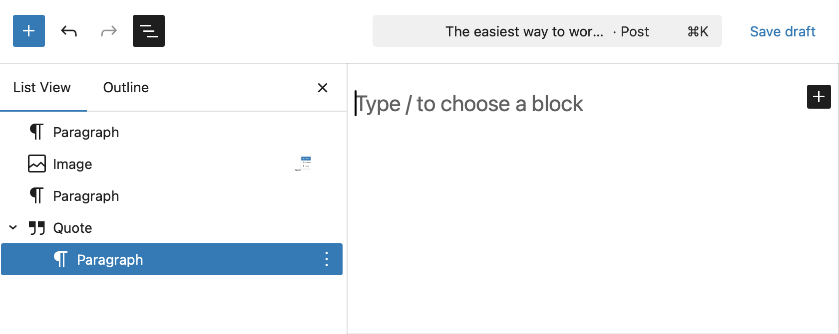 WordPress editor with the Block List View open showing a Quote block with a nested paragraph block.