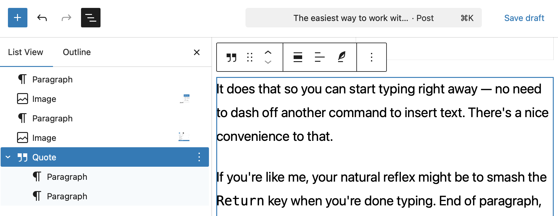 WordPress editor with the Block List View open showing a Quote block with two nested paragraph blocks.