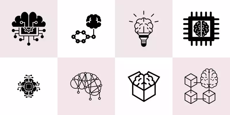 Eight icons depicting human brains associated with technology.