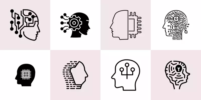 Eight icons depicting human heads with brains swapped for mechanical parts.