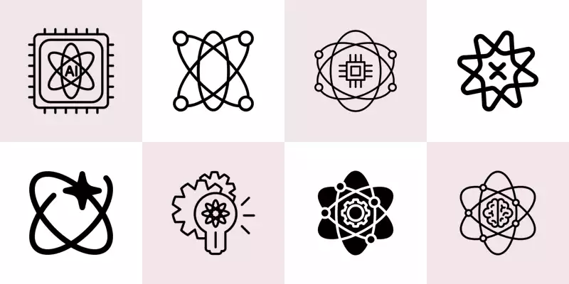 Eight icons depicting atoms from physics.