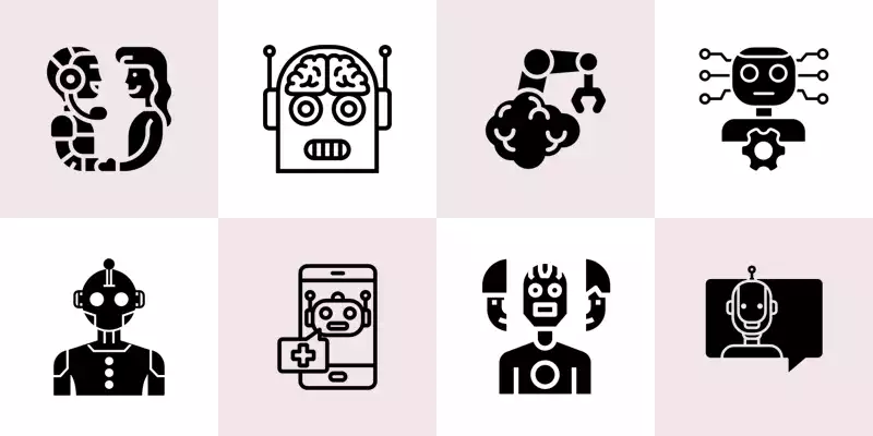 Eight icons depicting robots in various contexts.
