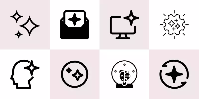 Eight icons depicting sparkles used by themselves and applied to objects.