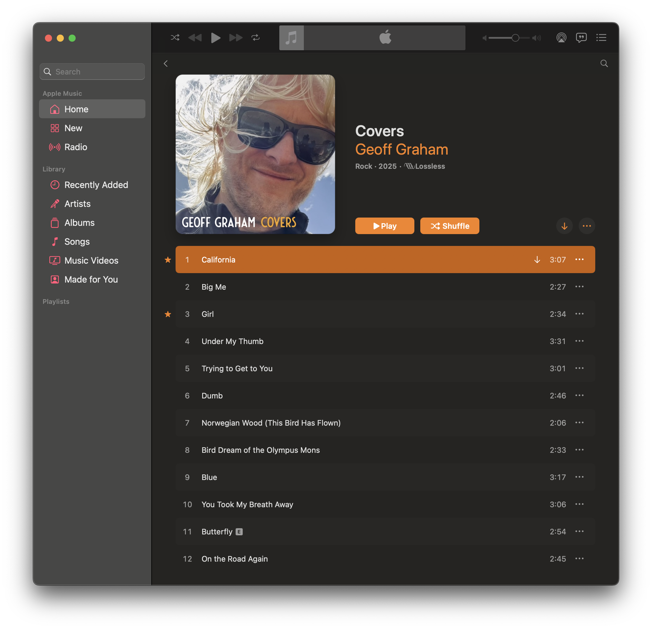 Geoff Graham Covers album screenshot in Apple Music showing all 12 tracks.