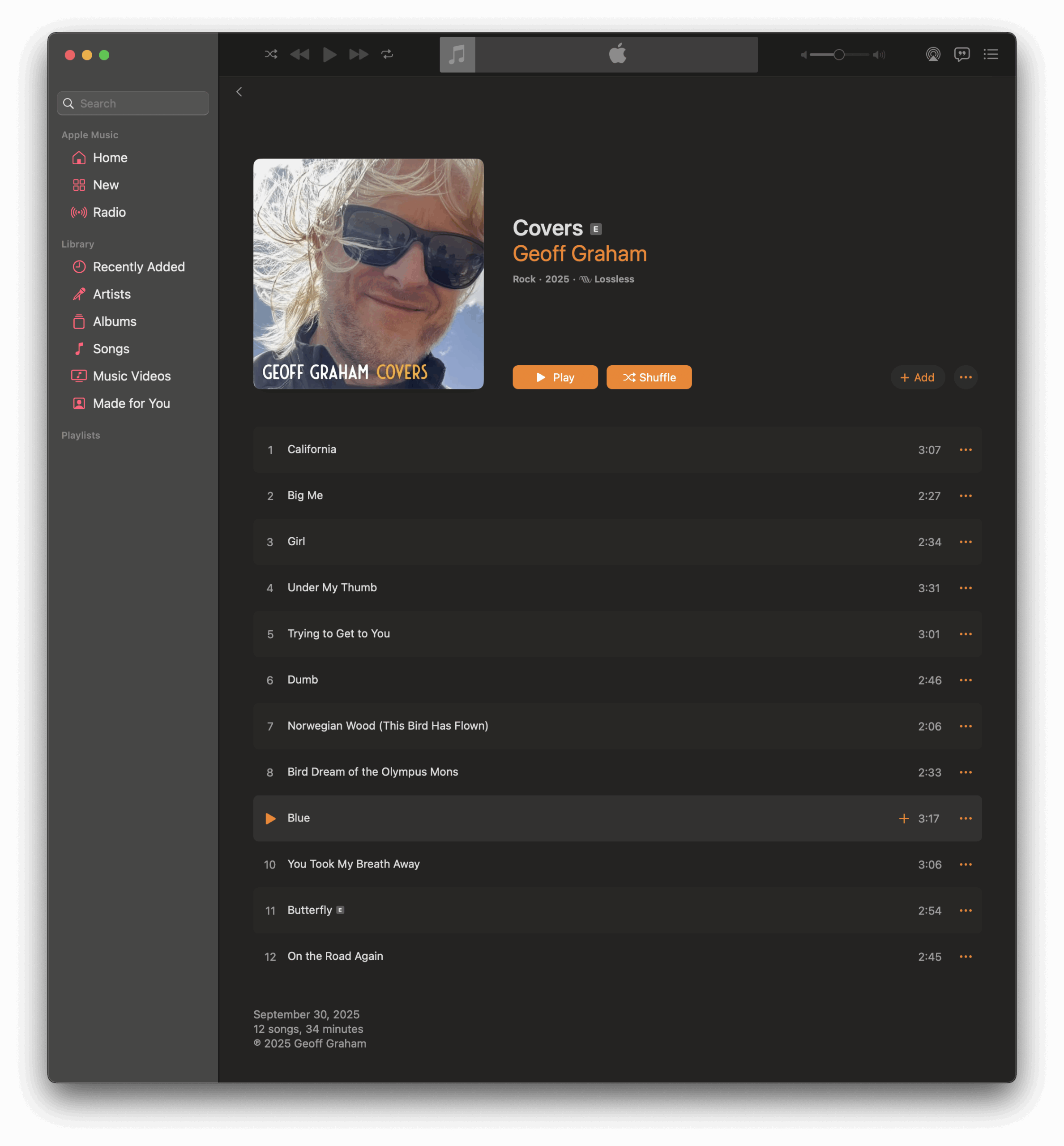 Geoff Graham Covers album screenshot in Apple Music showing all 12 tracks.
