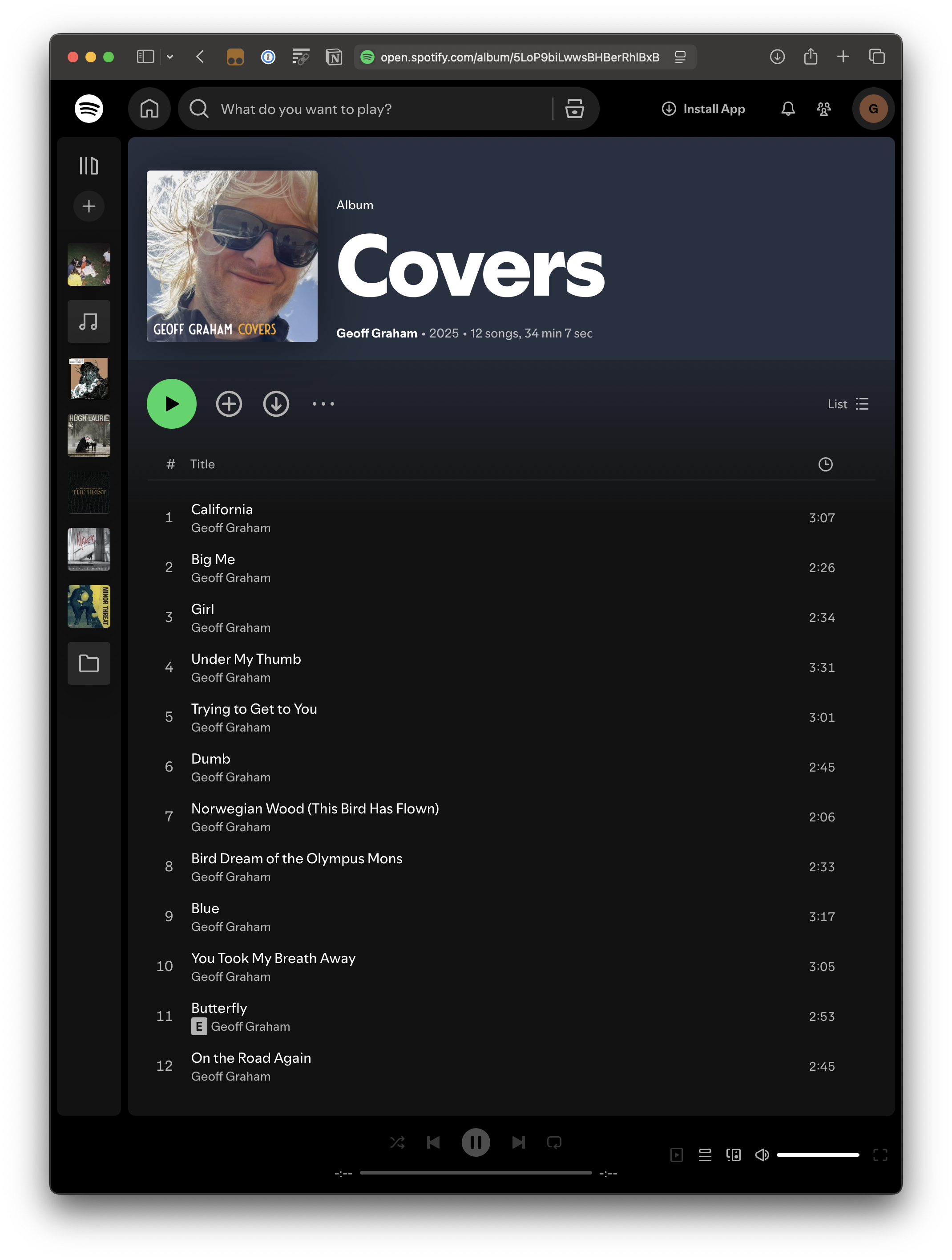 Geoff Graham Covers album displayed in Spotify, showing all 12 tracks.
