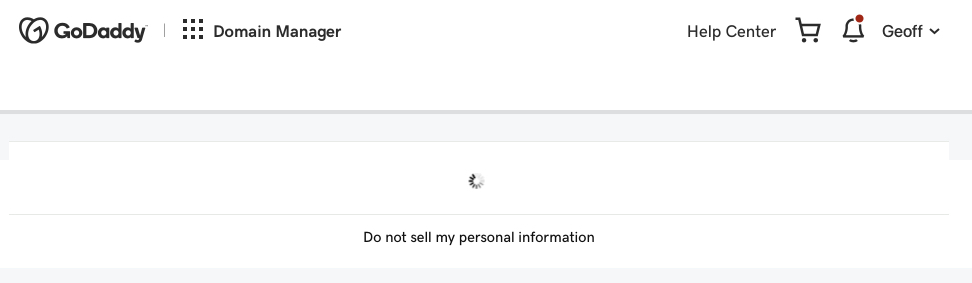Screenshot of the GoDaddy domain manager screen loading. There is a loading icon above text that says Do not sell my personal information.