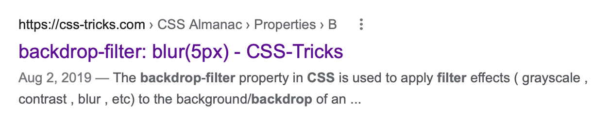 Showing aGoogle search result. The page title is backdrop-filter, blur, 5 pixels.