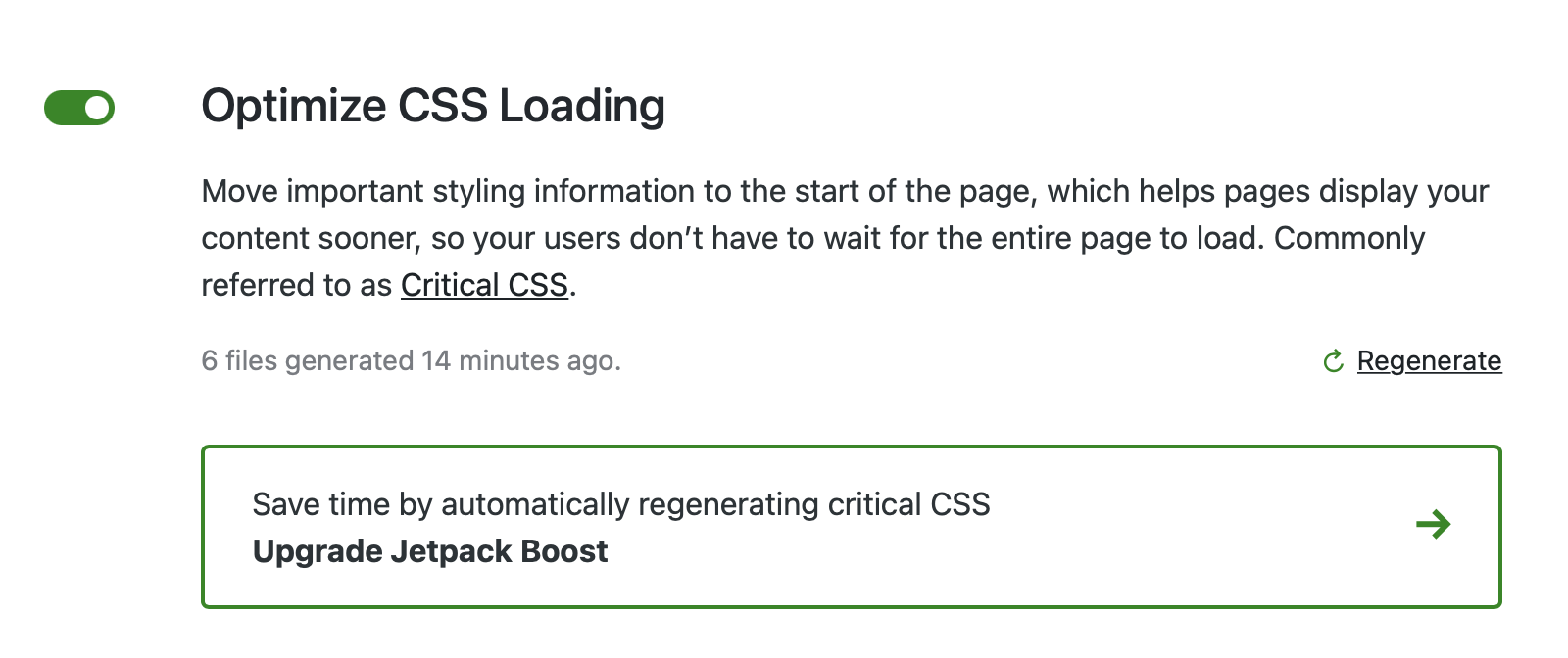 Jetpack Boost settings for regenerating Critical CSS.