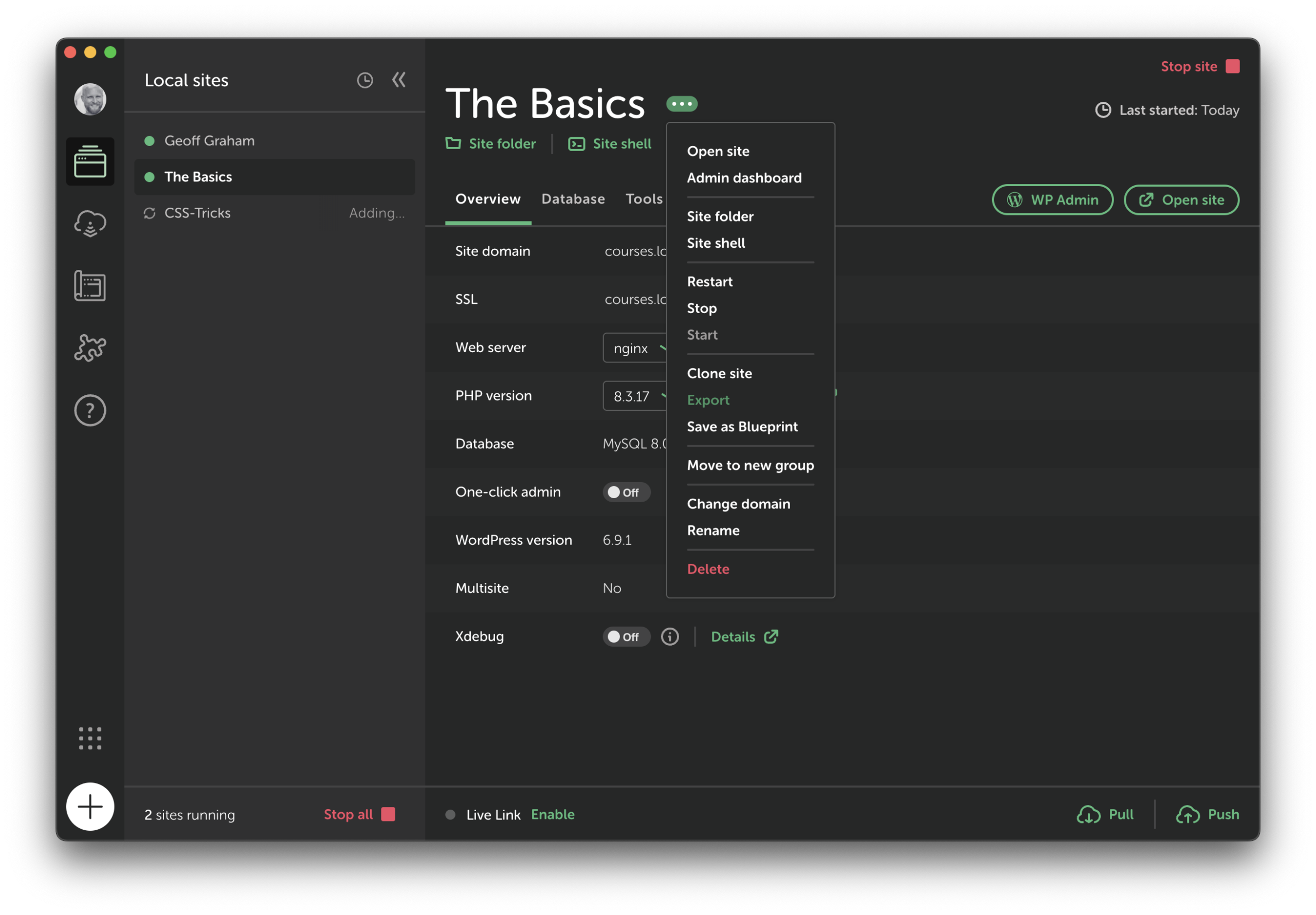 l app interface for a running site. Clicked the three dots next to the site name and selected the Export option.