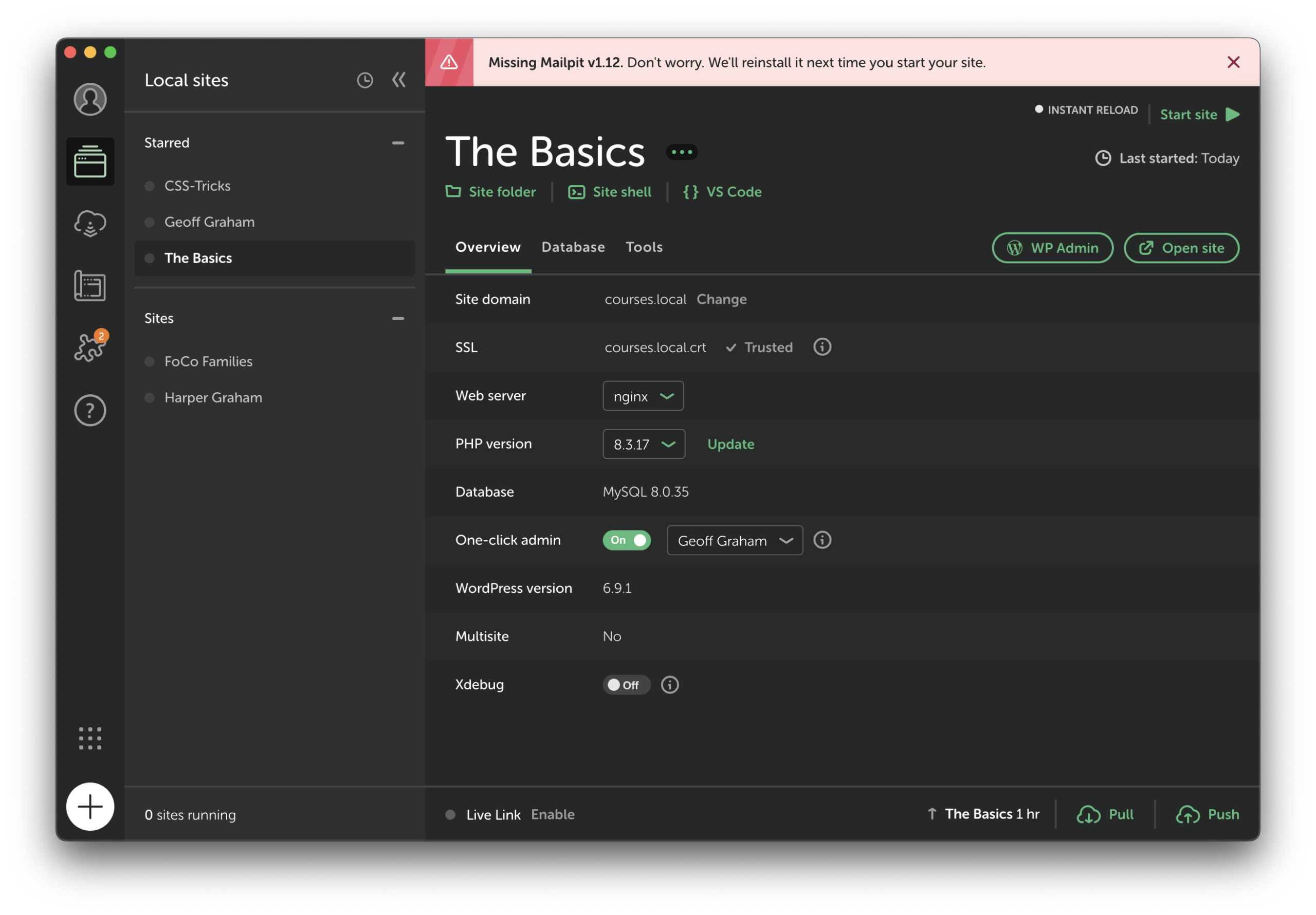 The Local app interface with a red error across the top that says Missing Mailpit v1.12. Don't worry. We'll reinstall it next time you start your site.