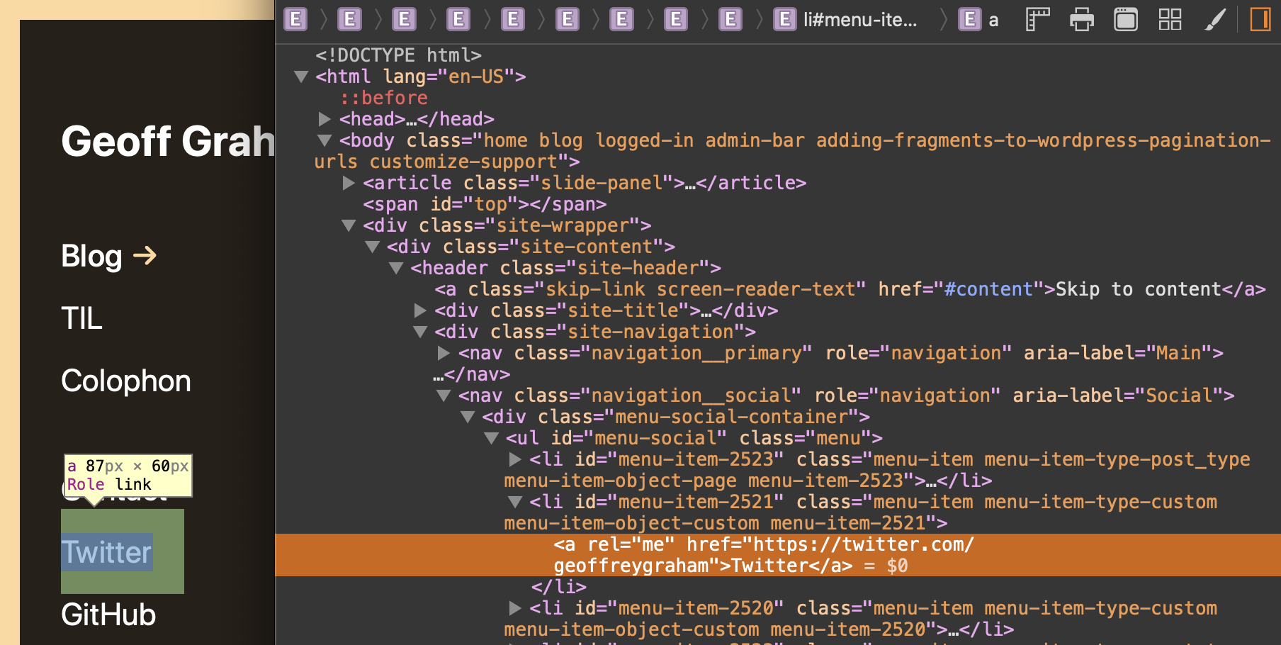 Screenshot. Inspecting the Twitter link in my site menu with DevTools open and showing the rel="me" attribute on the link.