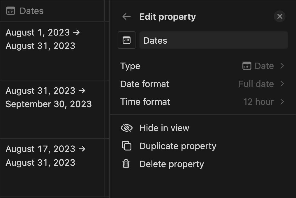 A new date property in Notion.