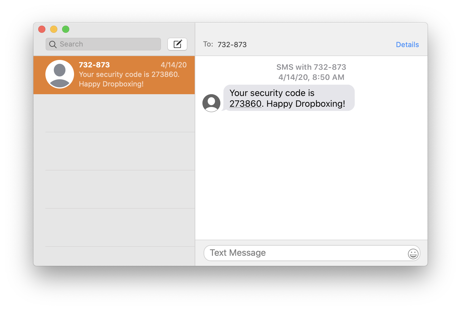 Screenshot of the Apple Messages desktop app with a message from Dropbox containing a six-digit code to log in.