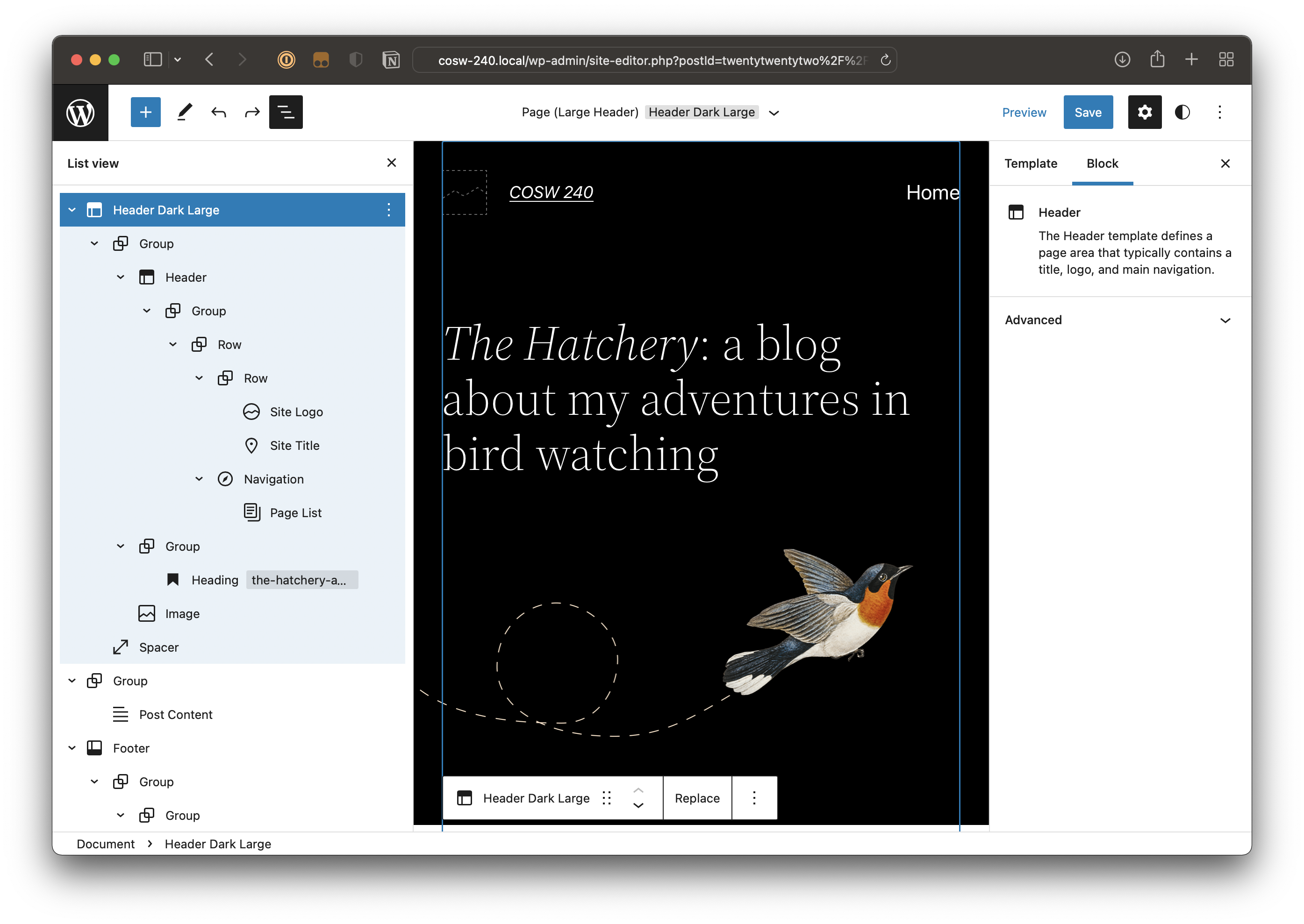 Screenshot of the Header Template open in the Site Editor with the List View feature expanded on the left side of the screen revealing the blocks contained in the template part.