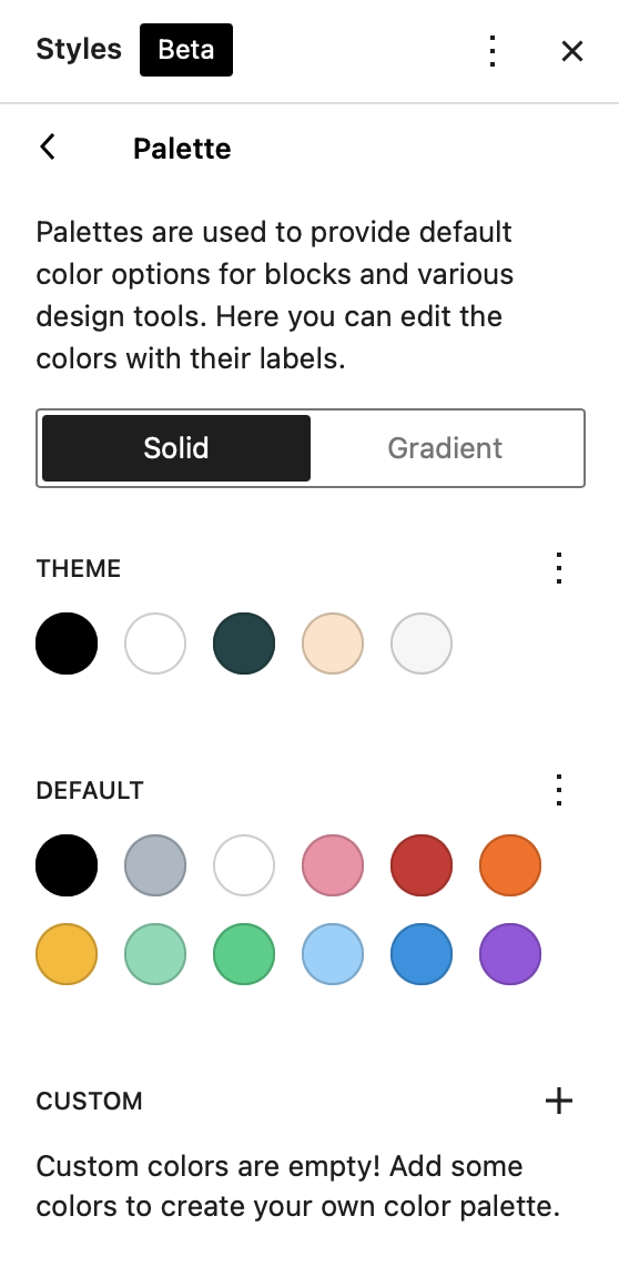 Showing the Color Palette UI in the WordPress Site Editor.