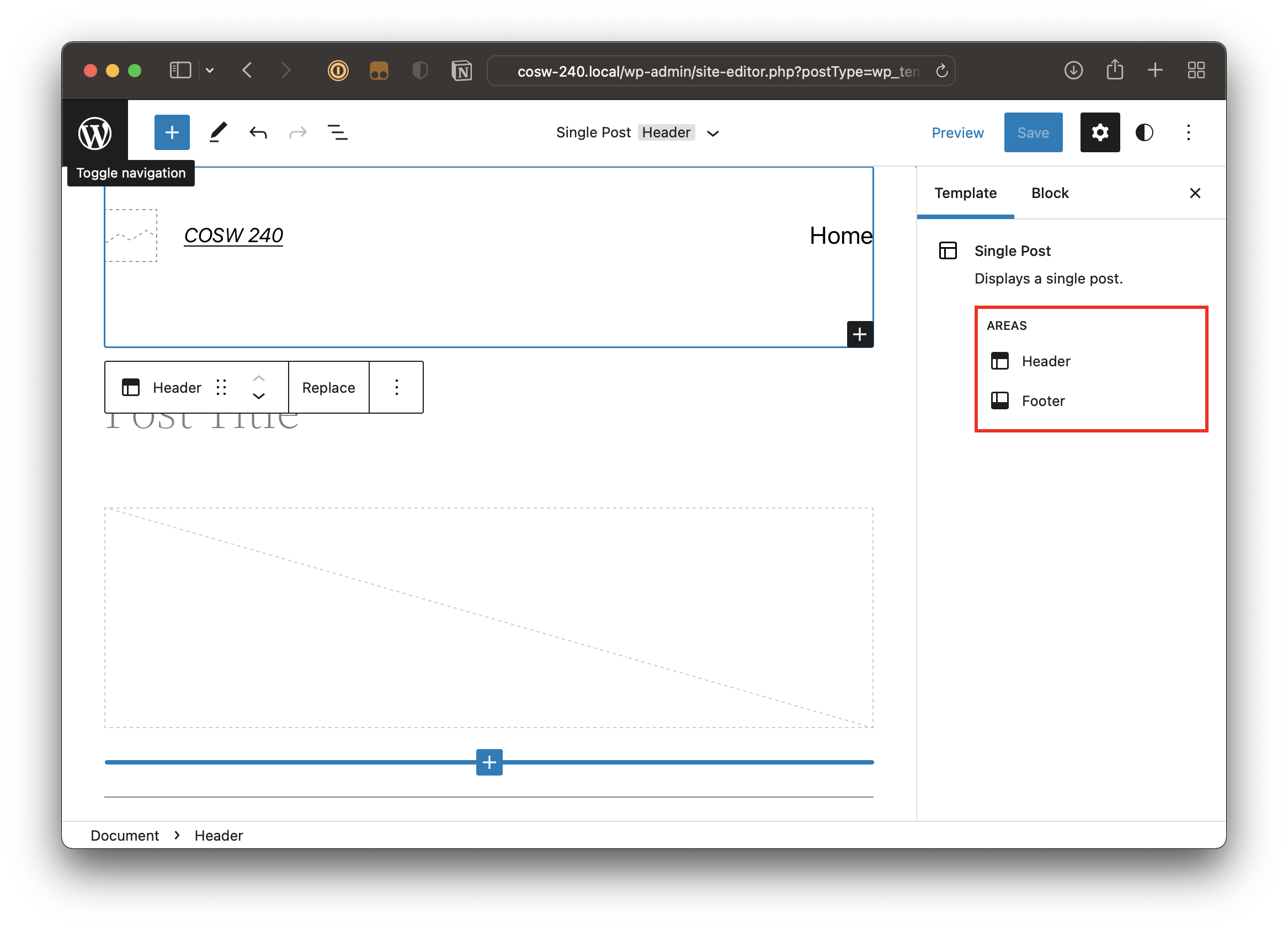 Highlighting the header and footer areas in the WordPress Site Editor template controls for the Single Post template.